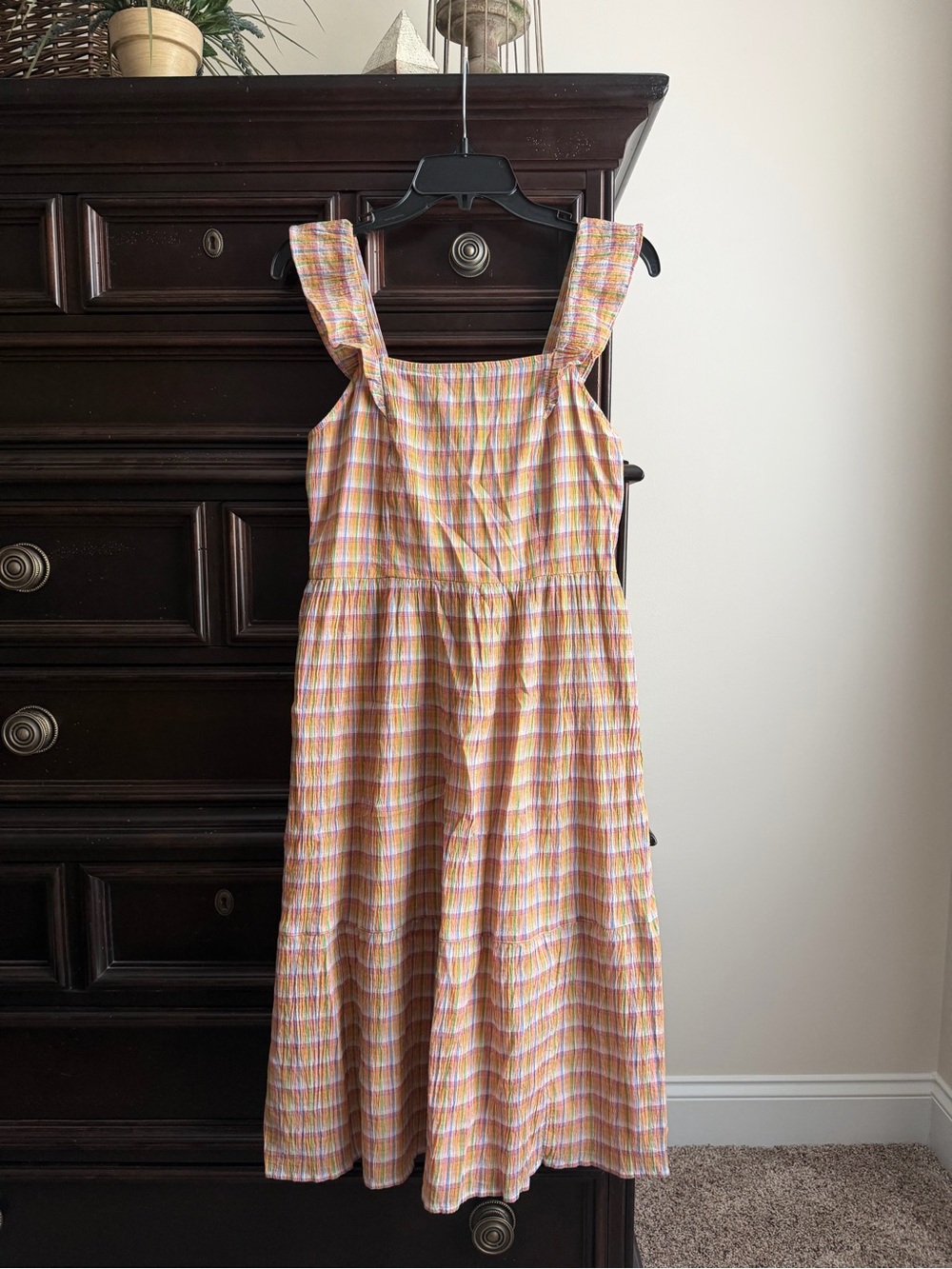 LOFT Yellow and Pink Plaid Midi Sundress
